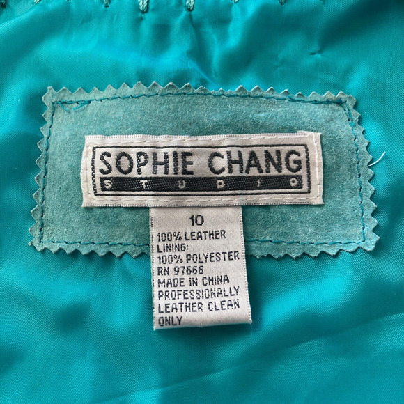 Sophie Chang Studio Suede Jacket Turquoise w Pearl Crochet Trim Sz 10 - Picture 6 of 8